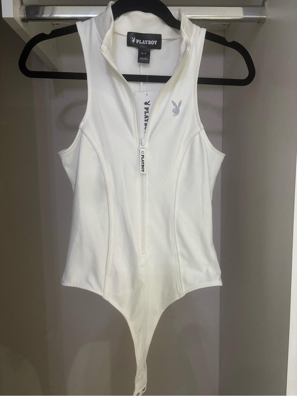Playboy White Zip-Front Bodysuit Swimsuit for Summer, Athleisure, Vacation